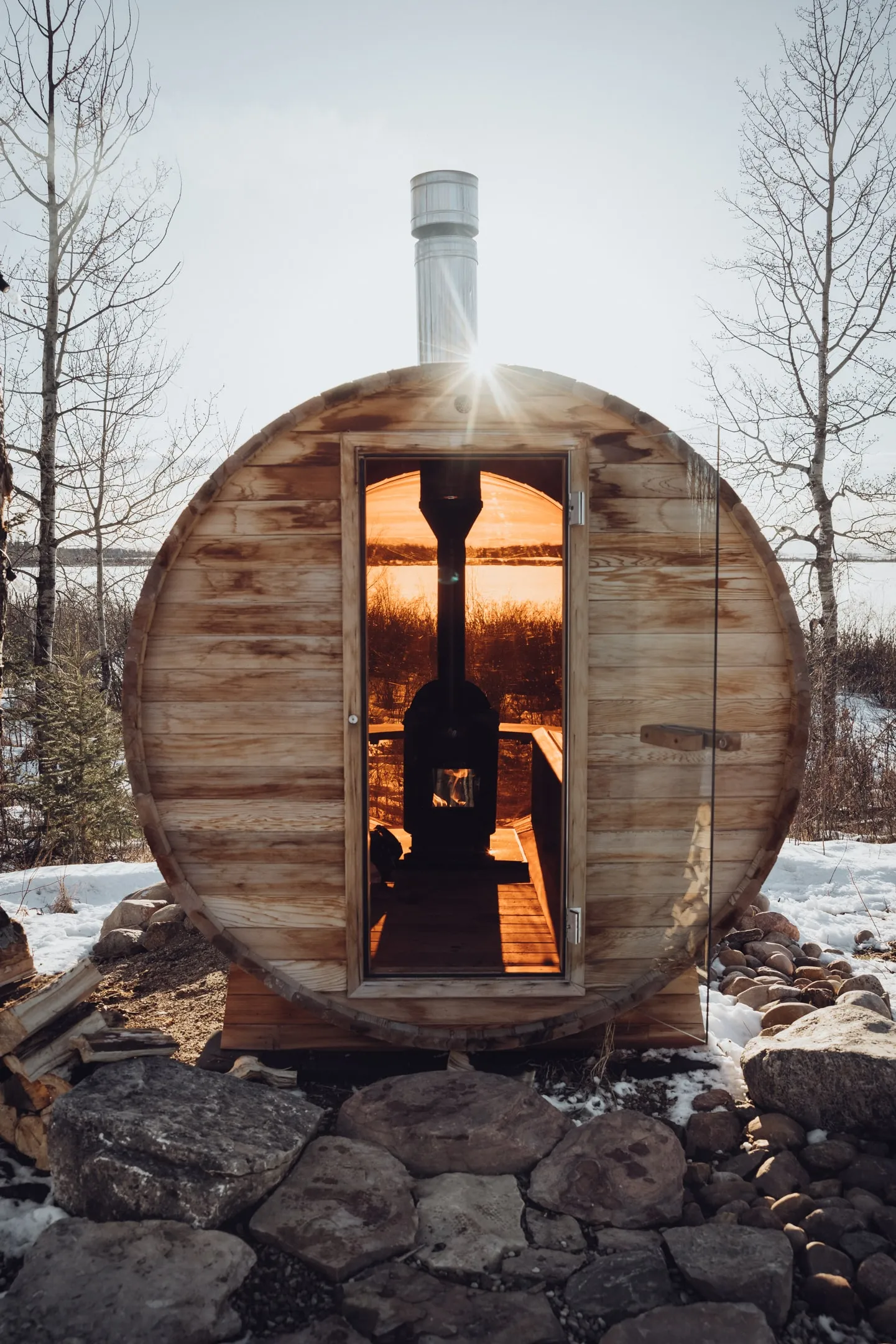 front view shot of ignis dome outdoor sauna during the winter